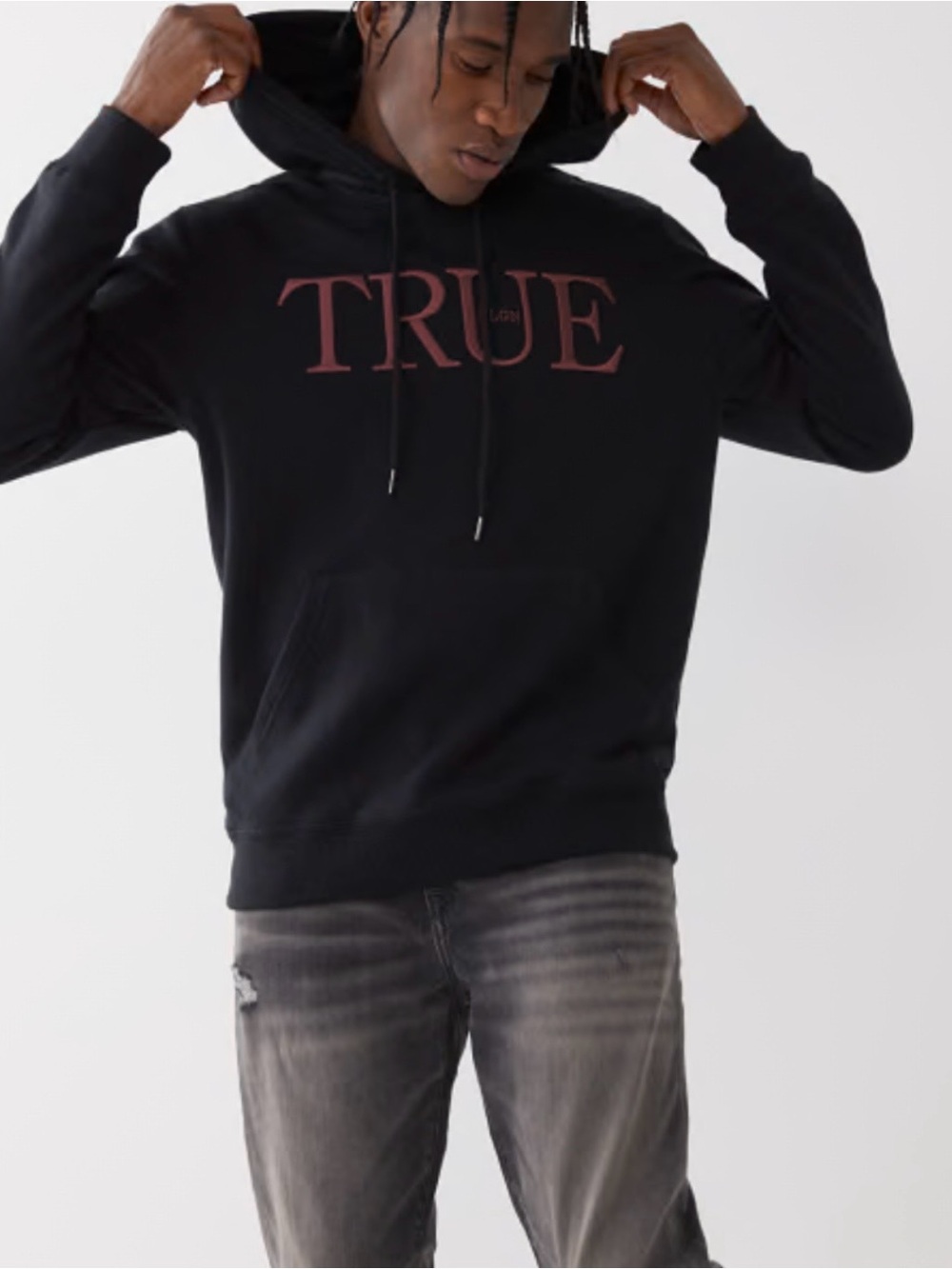 True Religion True Logo Pullover Drawstring Hoodie Jet Black Size Small